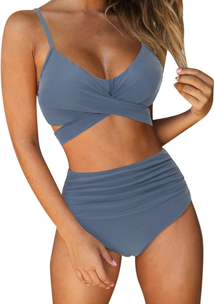 RUUHEE Women Criss Cross High Waisted String Floral Printed 2 Piece Bathing Suits | Amazon (US)