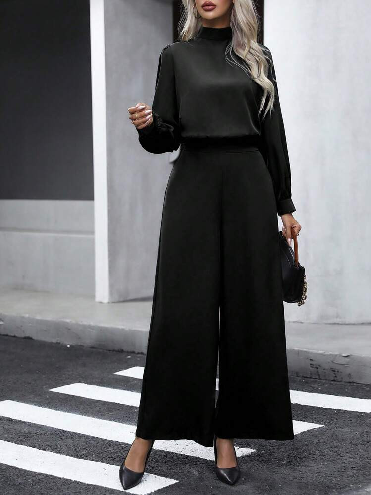 SHEIN Clasi Women's Solid Color Stand Collar Top And Wide Leg Pants Two Piece Set | SHEIN