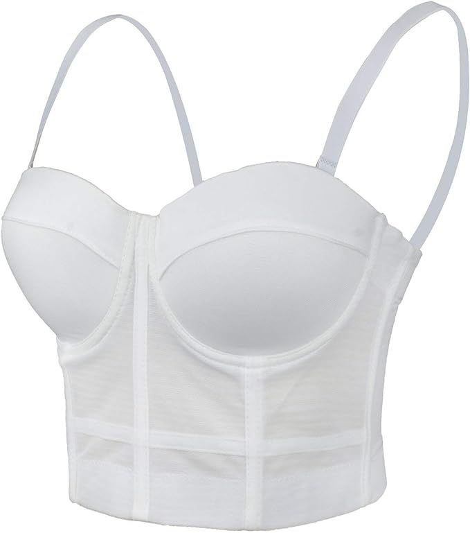 ELLACCI Women's White Mesh Bustier Crop Top Push Up Corset Top Bralet with Detachable Strap | Amazon (US)