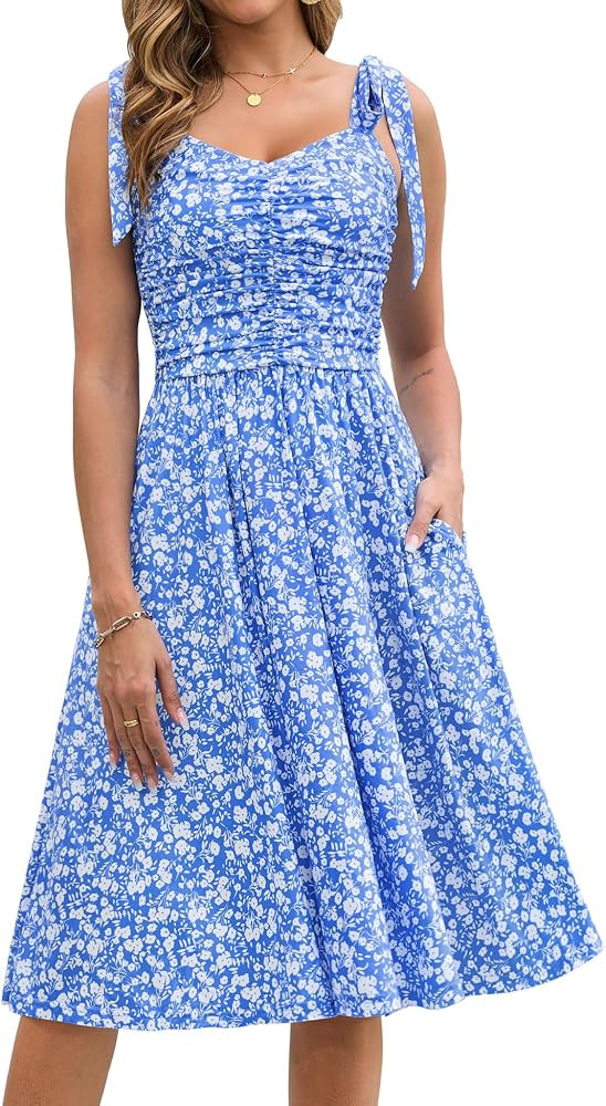 Kranda Women 2025 Summer Casual Spaghetti Strap Sundress V Neck Sleeveless Flowy Boho Floral Midi... | Amazon (US)