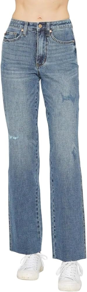 Judy Blue Women's High Waist Tummy Control Raw Hem Straight Jeans | Amazon (US)