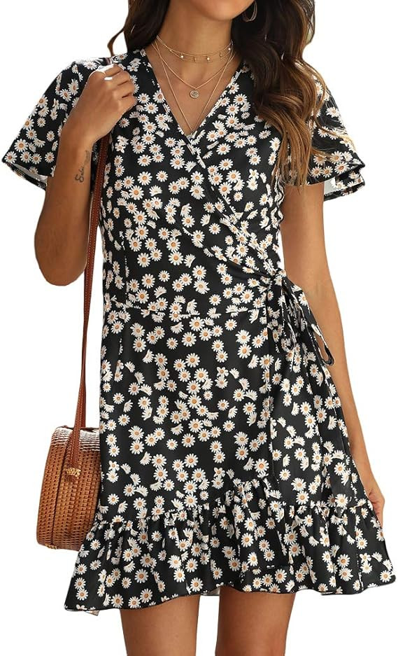 Naggoo Women's Summer Wrap V Neck Polka Dot Print Ruffle Short Sleeve Mini Floral Dress with Belt | Amazon (US)
