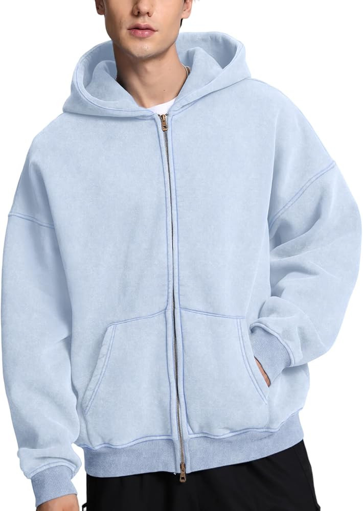 Mens Womens Double Zip Up Hoodie Oversized Acid Wash Hoodies Heavyweight Fleece Cotton Zipper Hoo... | Amazon (US)