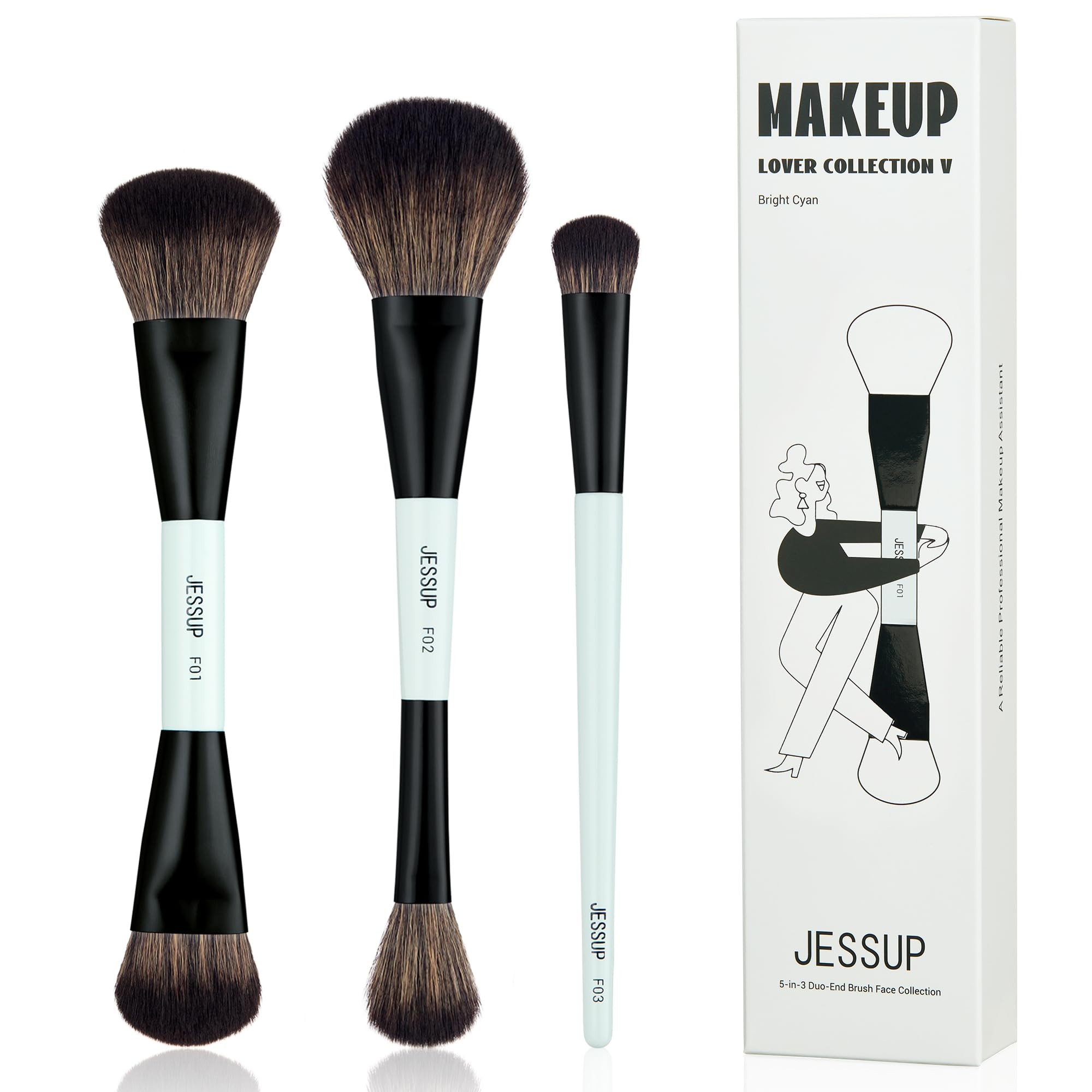 Jessup Face Makeup Brushes Blue 3pcs Double Ended Makeup Brush for Foundation Contour Blush Highl... | Amazon (US)