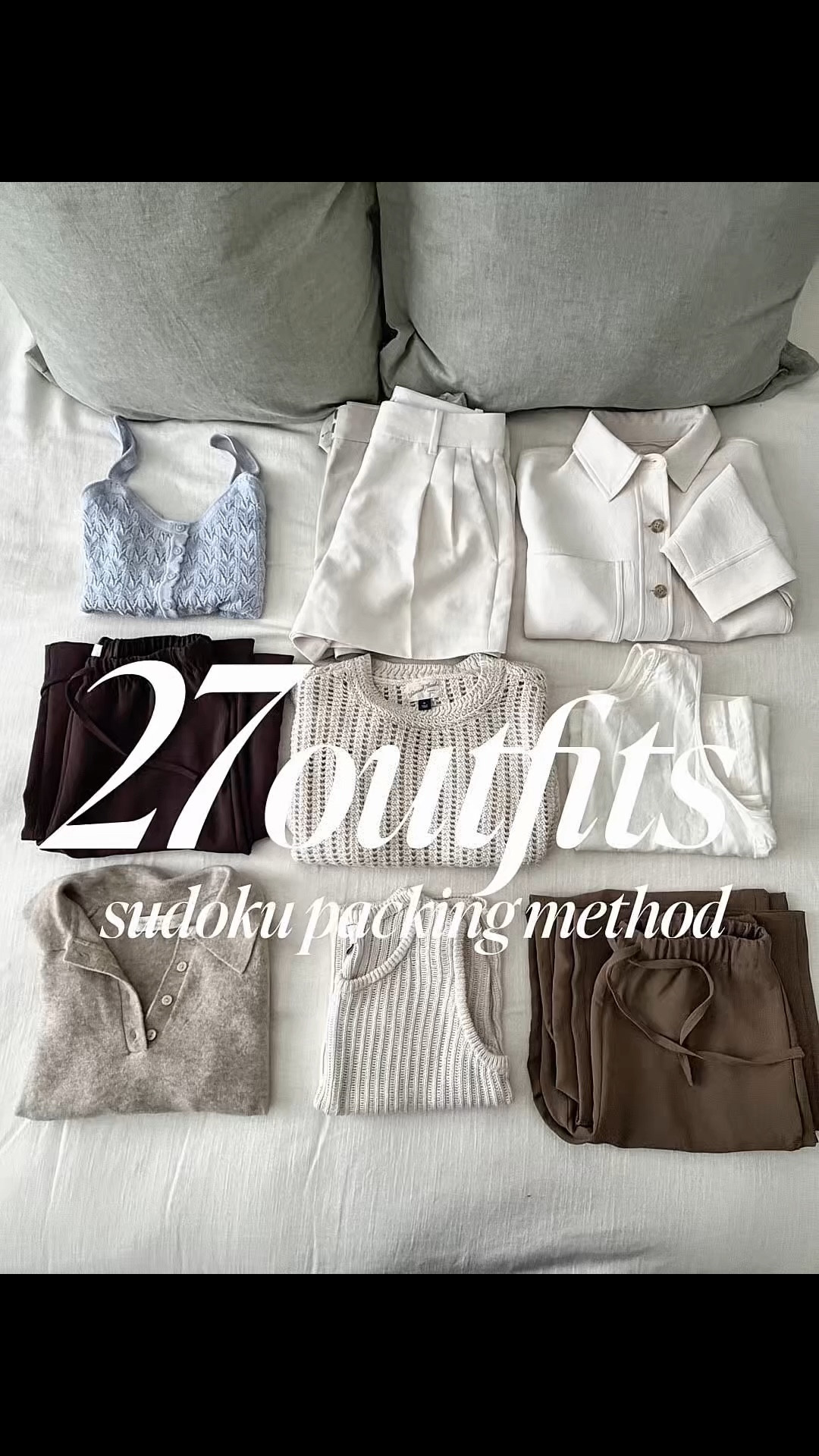 Sudoku packing method - the only way I travel now. 9 piece 27 outfits! You can always double a few of these if you want a few more options! 
Travel hack 

#LTKdayinmylife #LTKTravel #LTKootd