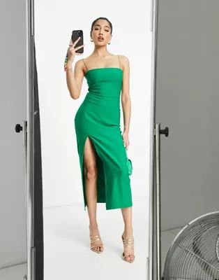 Vesper cami strap midi dress with thigh silt in green | ASOS | ASOS (Global)