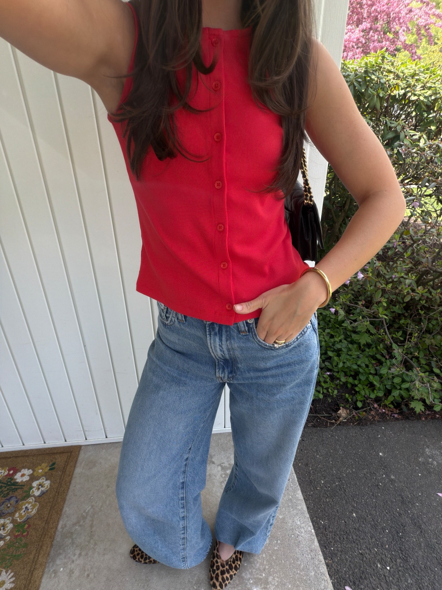 Red tank is Tahari and I linked super similar styles! Jeans are Calvin Klein. Bag is borrowed from Vivrelle - code DINNER for your first month free! 