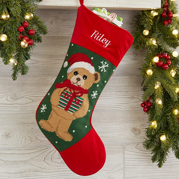 Personalized Needlepoint Christmas Stockings - Teddy Bear | Personalization Mall