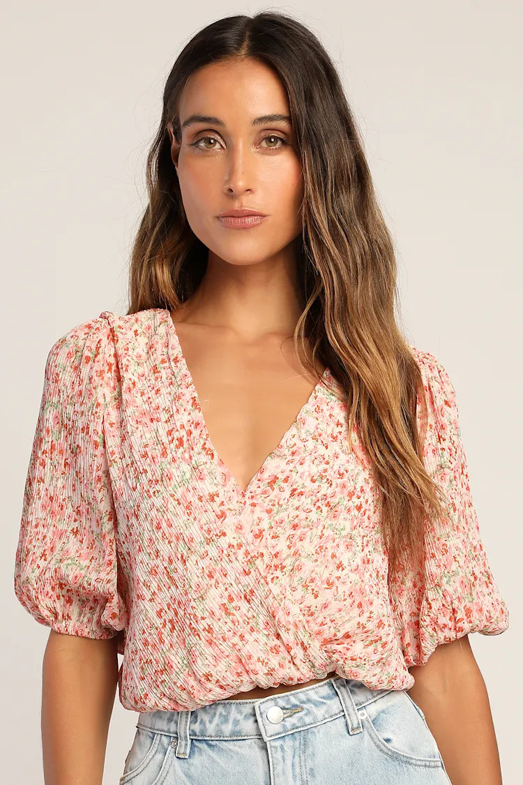 Flirty Florals Pink Floral Print Crinkle Surplice Crop Top | Lulus