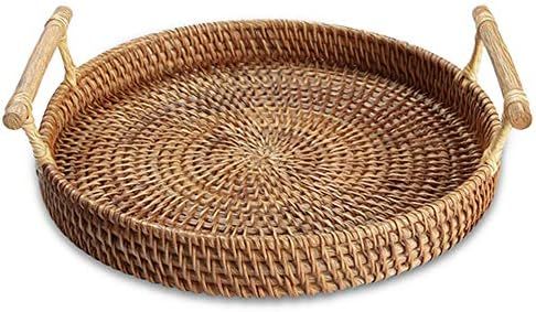 Handmade Rattan Round Woven Basket, Round Serving Tray with Handles, Food Serving Baskets, Basket... | Amazon (US)