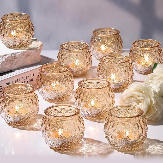Gold Votive Candle Holders Set of 24- Round Glass Candle Holders Bulk for Table Centerpiece, Tea ... | Amazon (US)