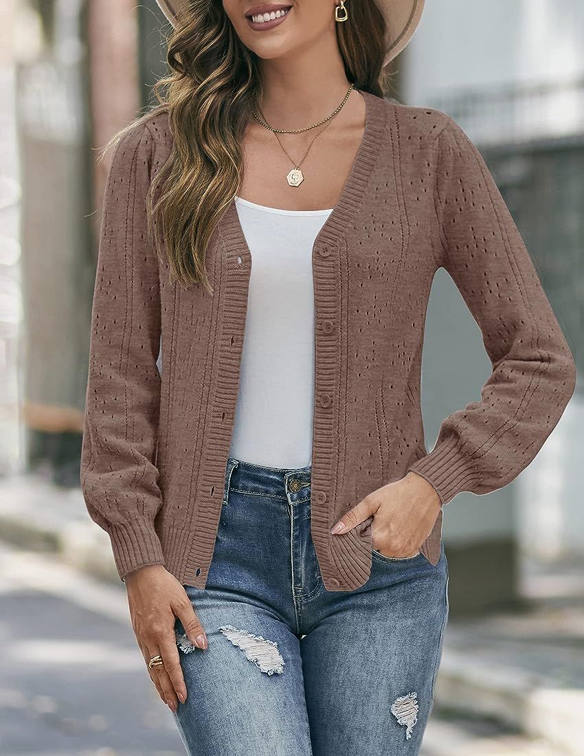 TECREW Women's Long Puff Sleeve V Neck Knit Cardigan Button Down Casual Sweater Coat | Amazon (US)