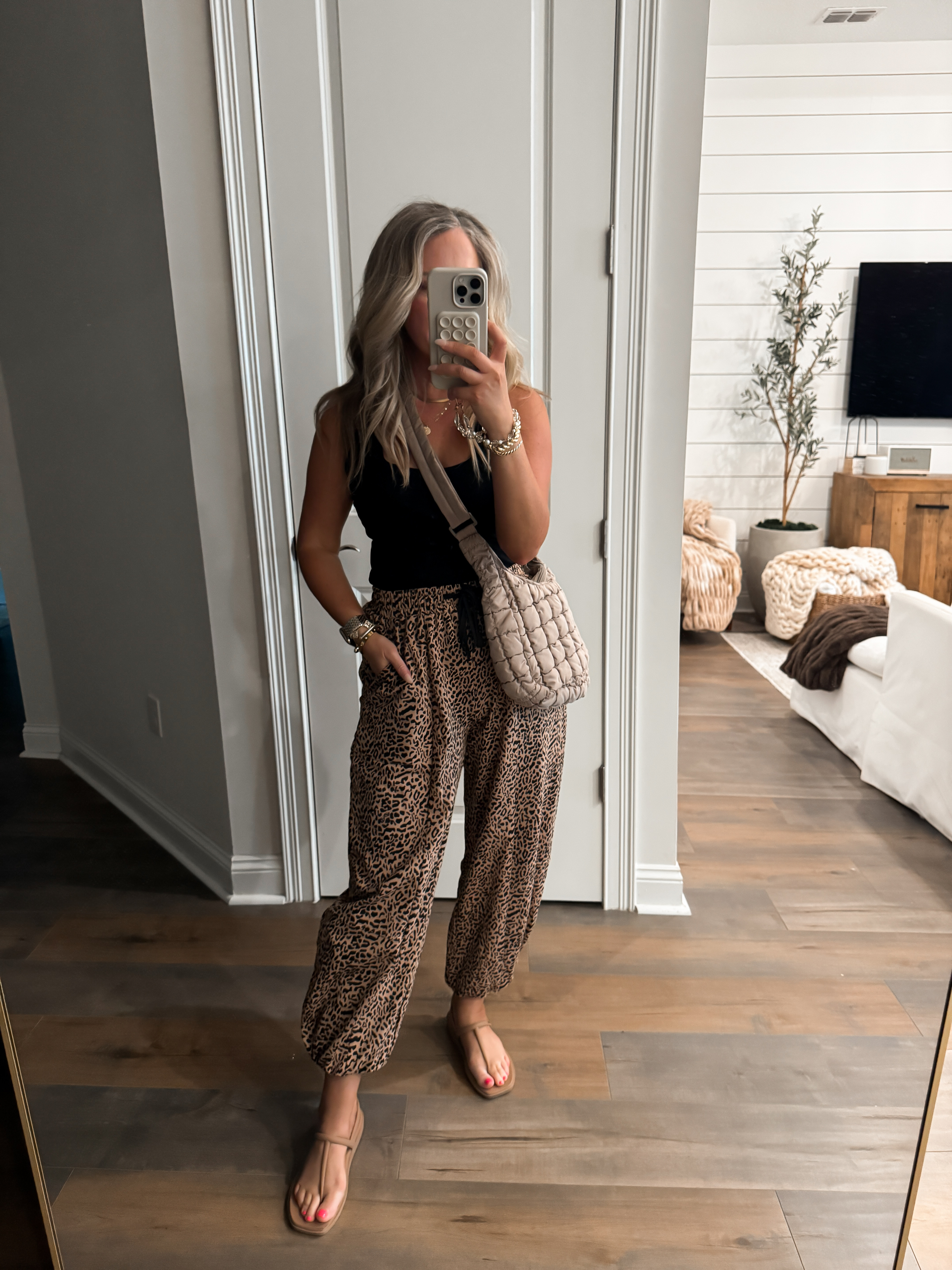 Feeling comfy and chic in these leopard pants! Paired with a basic cami and sandals for a perfect on-the-go look.  Wearing size S in pants.

Amazon fashion, black tank, leopard pants, comfy mom style, casual chic, everyday outfit, effortless style, bold basics, mom outfit, relaxed look, easy outfit, on the go style 

 #LTKootd #LTKmomlife #LTKPetite