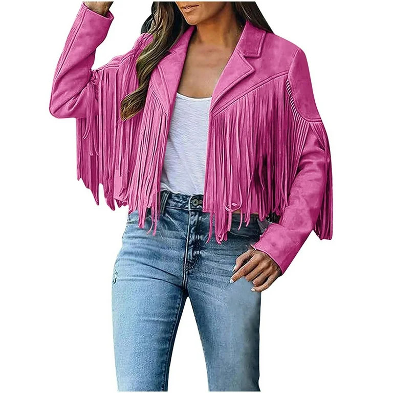 Spring Savings Clearance!Womens Fall Western Jackets,Pink Leather Suede Fringe Jacket,Cropped Tas... | Walmart (US)