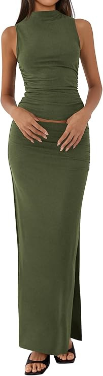 BTFBM Womens Two Piece Outfits Summer Lightweight 2026 Mock Neck Sleeveless Knit Tops Maxi Skirt ... | Amazon (US)