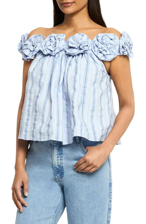Cinq à Sept Kelsey Off the Shoulder Cotton Blend Seersucker Top in Blue Multi at Nordstrom, Size Medium | Nordstrom