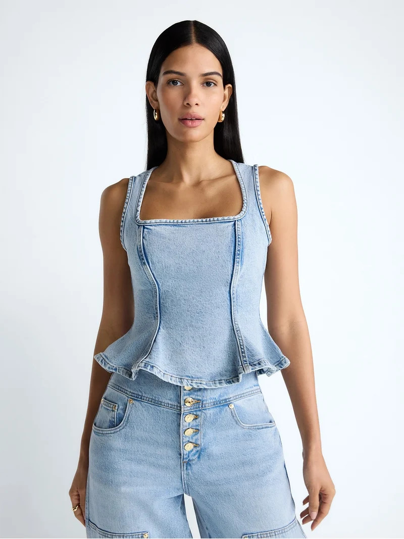 Devil Wears Prada Scoop Collection Women’s Peplum Hem Denim Top, Sizes 0-22W | Walmart (US)