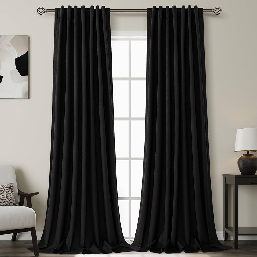 Black Linen Blackout Curtains 96 Inches Long 2 Panel Set for Living Room Back Tab Thermal Insulat... | Amazon (US)