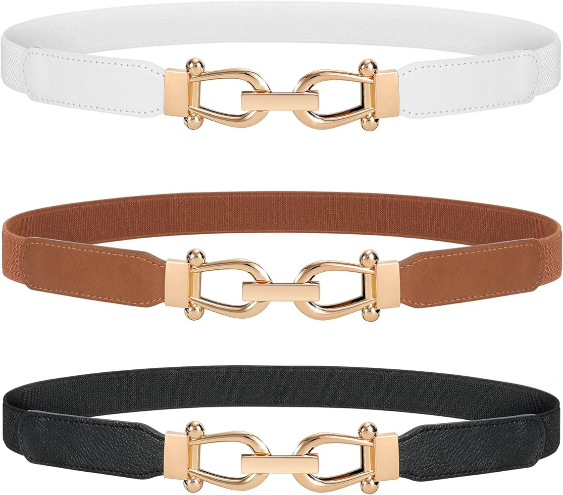 JASGOOD Women Stretchy Waist Belt Retro Elastic Skinny Belt for Ladies with Gold Buckle | Amazon (US)