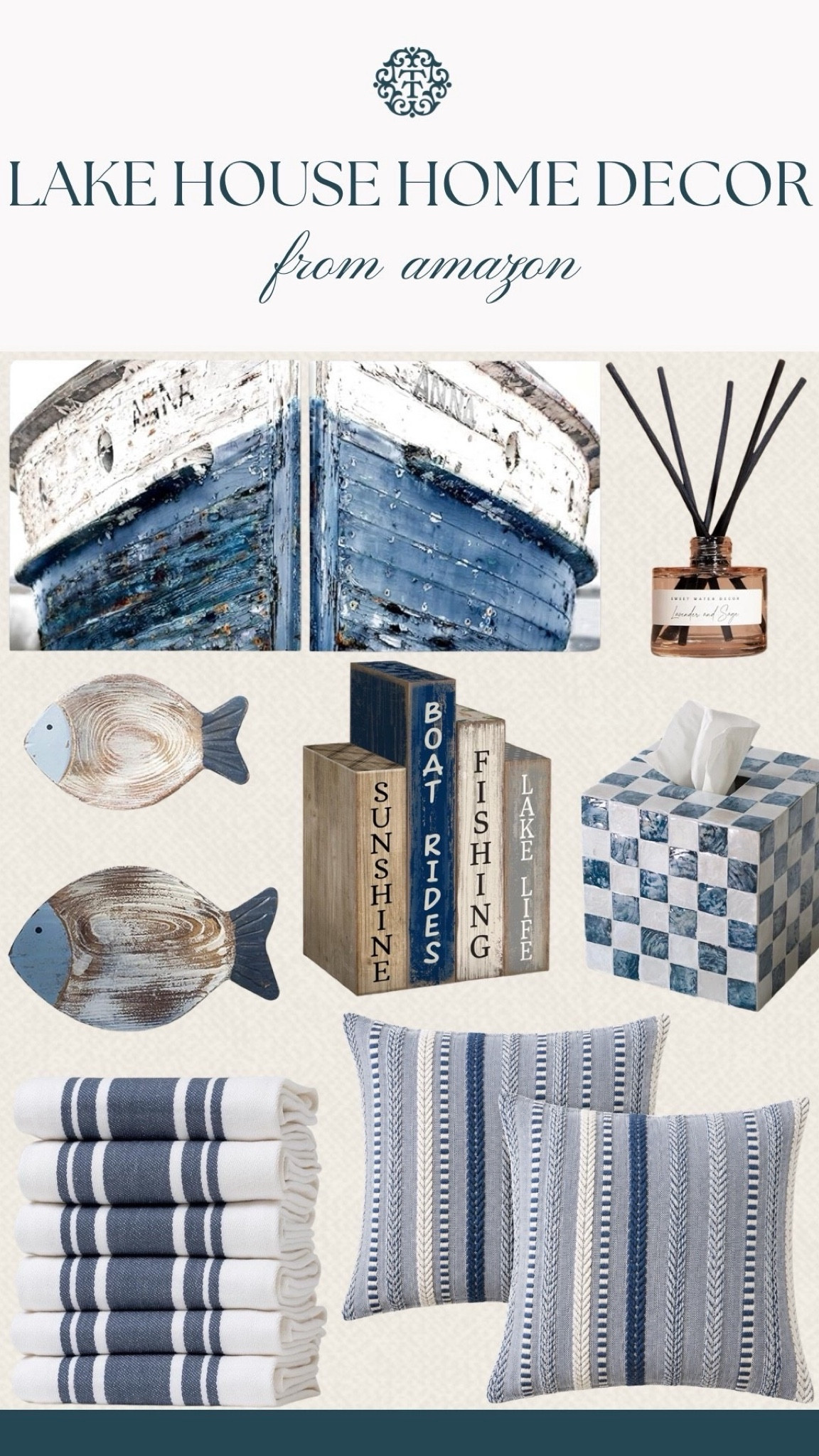 We rounded up some of our favorite lake house home finds from Amazon, and we love the mix of blue, white, and natural wood tones. The striped pillows, fish accents, checkered tissue box, and boat artwork all bring in that relaxed coastal feel. These pieces would be so pretty in a lake house, guest room, or summer living space.

#LTKOver40 #LTKHome #LTKSeasonal