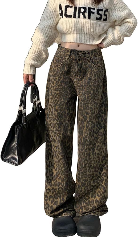 YELLOOP Leopard Print Jeans Y2k Jeans Leopard Jeans Grunge Y2k Pants Womens Baggy Jeans 2000s Leo... | Amazon (CA)