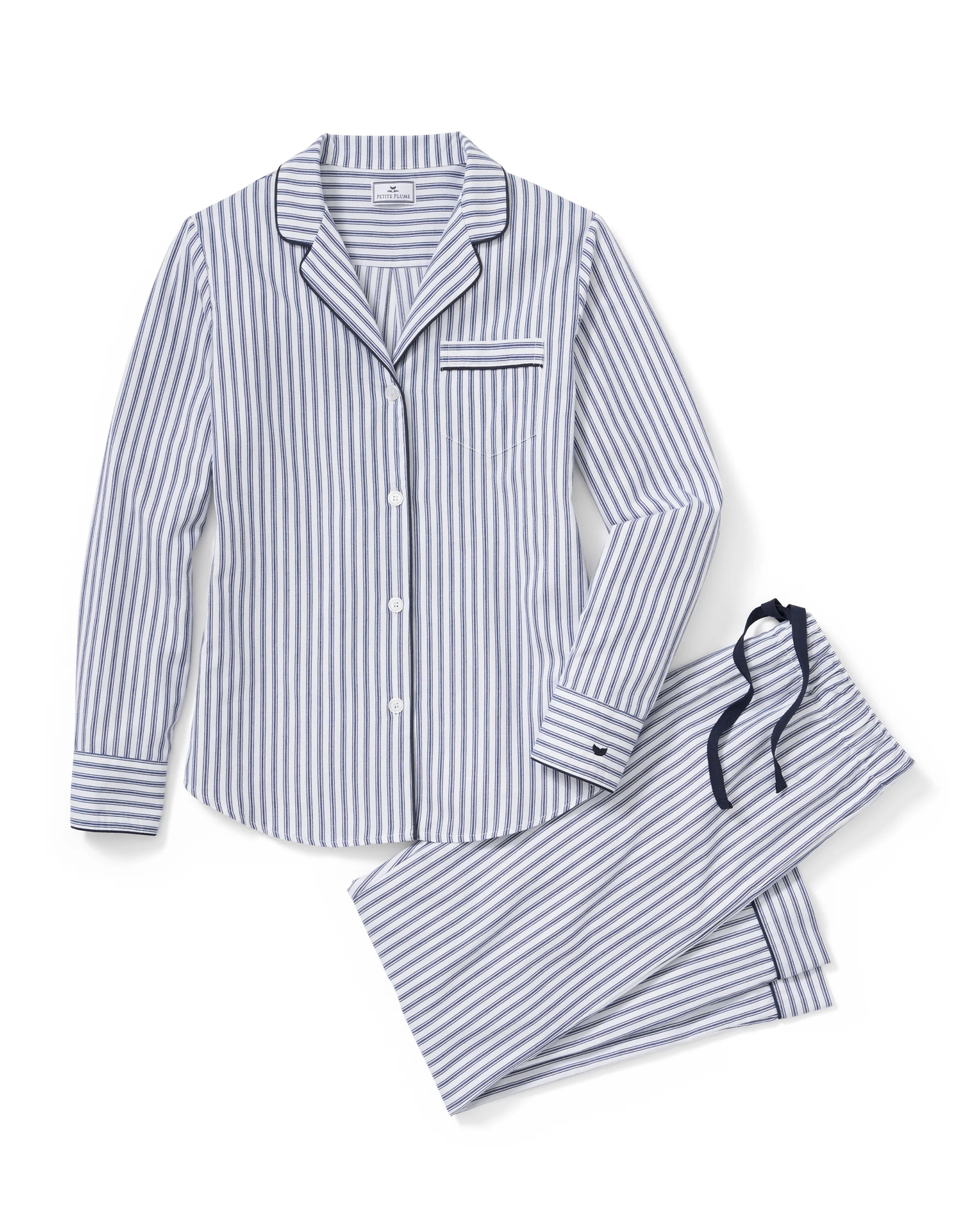 Women's Twill Pajama Set in Navy French Ticking | Petite Plume