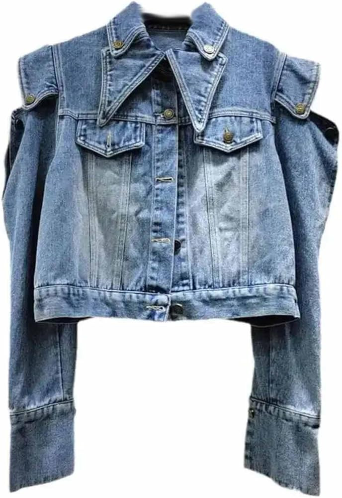 Dawery Women's Ruffled Edge Off-shoulder Denim Coat Autumn Lapel Long Sleeve Jacket Female | Amazon (US)