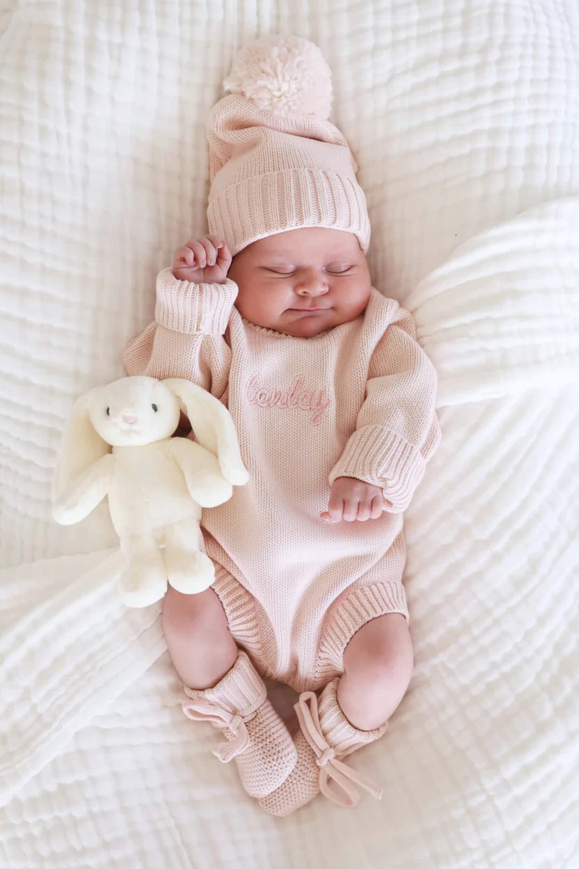 Embroidered Knit Sweater Bubble Romper | Tea Rose | Caden Lane