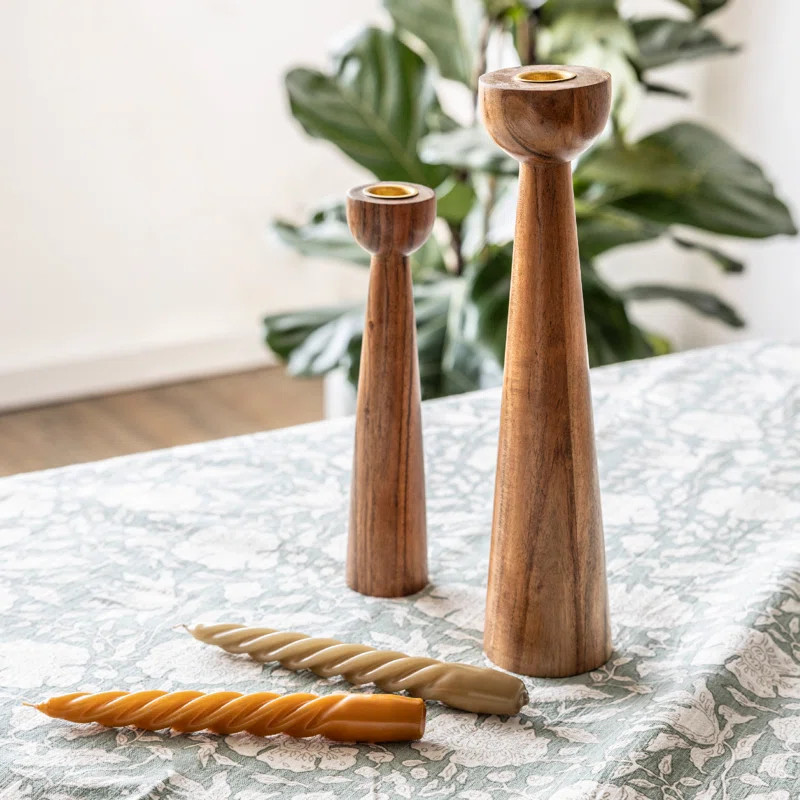 over&back Set of 2 Modern Acacia Wood Tall Candle Holders - Standard Taper Candle Holder Set | Wayfair North America