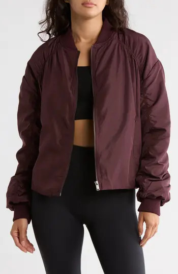 Z by Zella Ruched Sleeve Bomber Jacket in Burgundy Fudge at Nordstrom Rack, Size X-Large | Nordstrom Rack