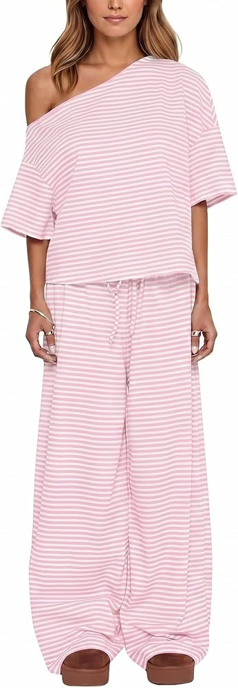 Ythomm Striped Pajama Sets Womens Two Piece Lounge Outfits Short Sleeve Off Shoulder Shirts Draws... | Amazon (US)