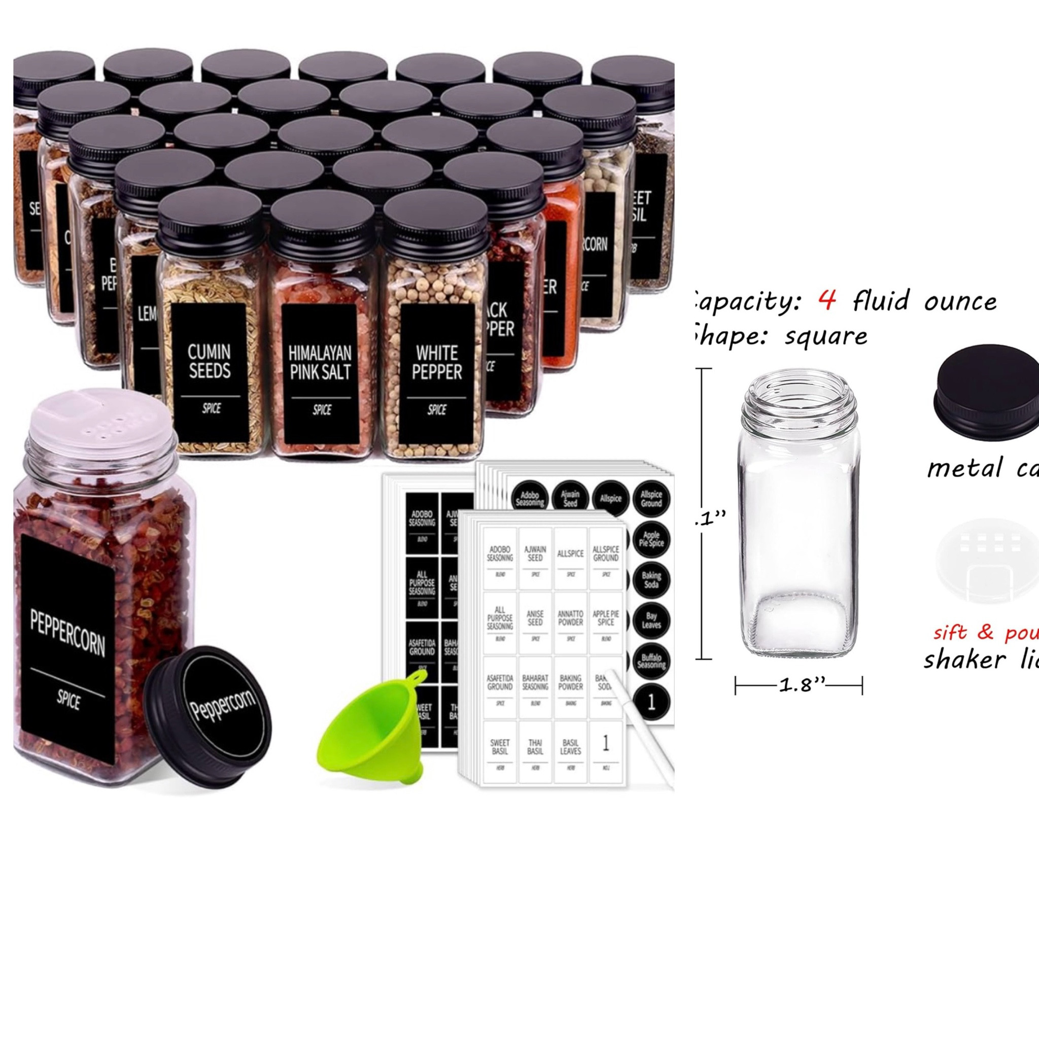 Love these glass Spice Jars with Black Metal Caps! These 4oz Empty Spice Containers cone with Shaker Lids, Funnel, & Chalk Pen!
Quantity ranges from 25 to 66 jars with options of white or black labels.

#LTKFindsUnder50 #LTKHome #LTKFamily