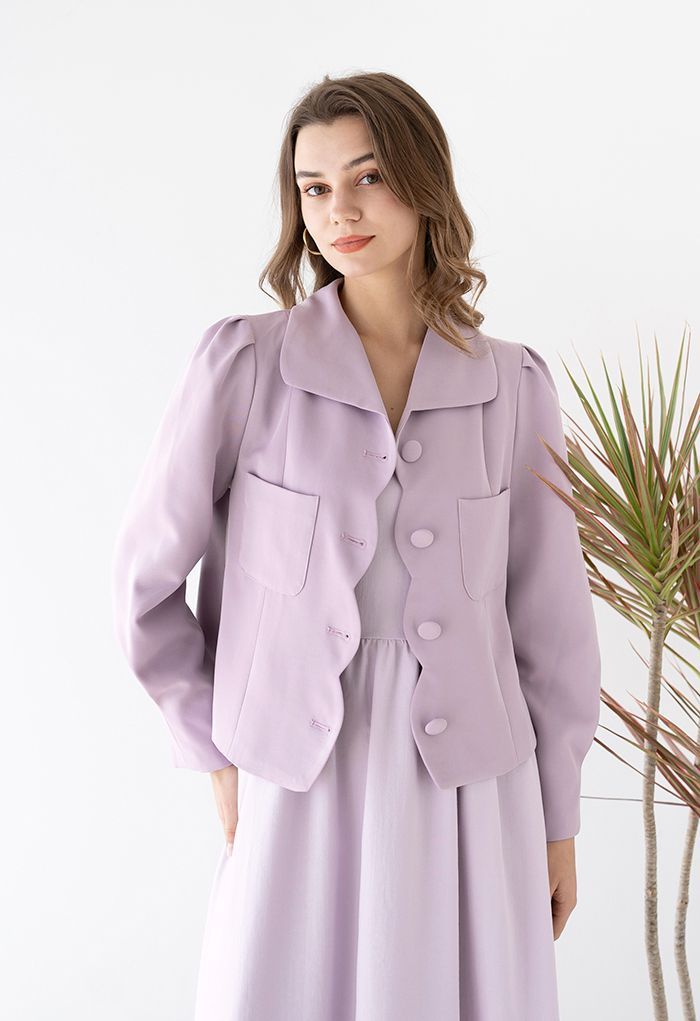 Scalloped Edge Front Pocket Crop Blazer in Lilac | Chicwish