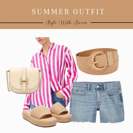 Summer outfit, linen, button up, striped blouse, denim shorts, sandals, summer purse 

#LTKFindsUnder100 #LTKSeasonal #LTKStyleTip
