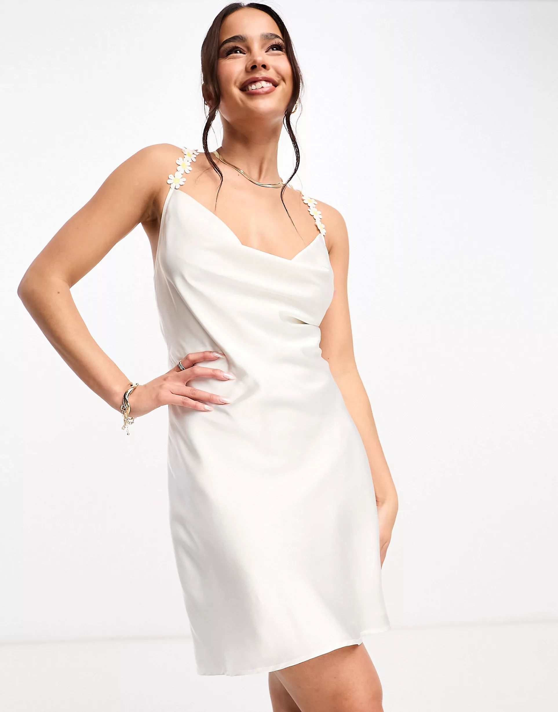 ASOS DESIGN satin cowl neck mini slip dress with daisy trim straps in ivory | ASOS (Global)