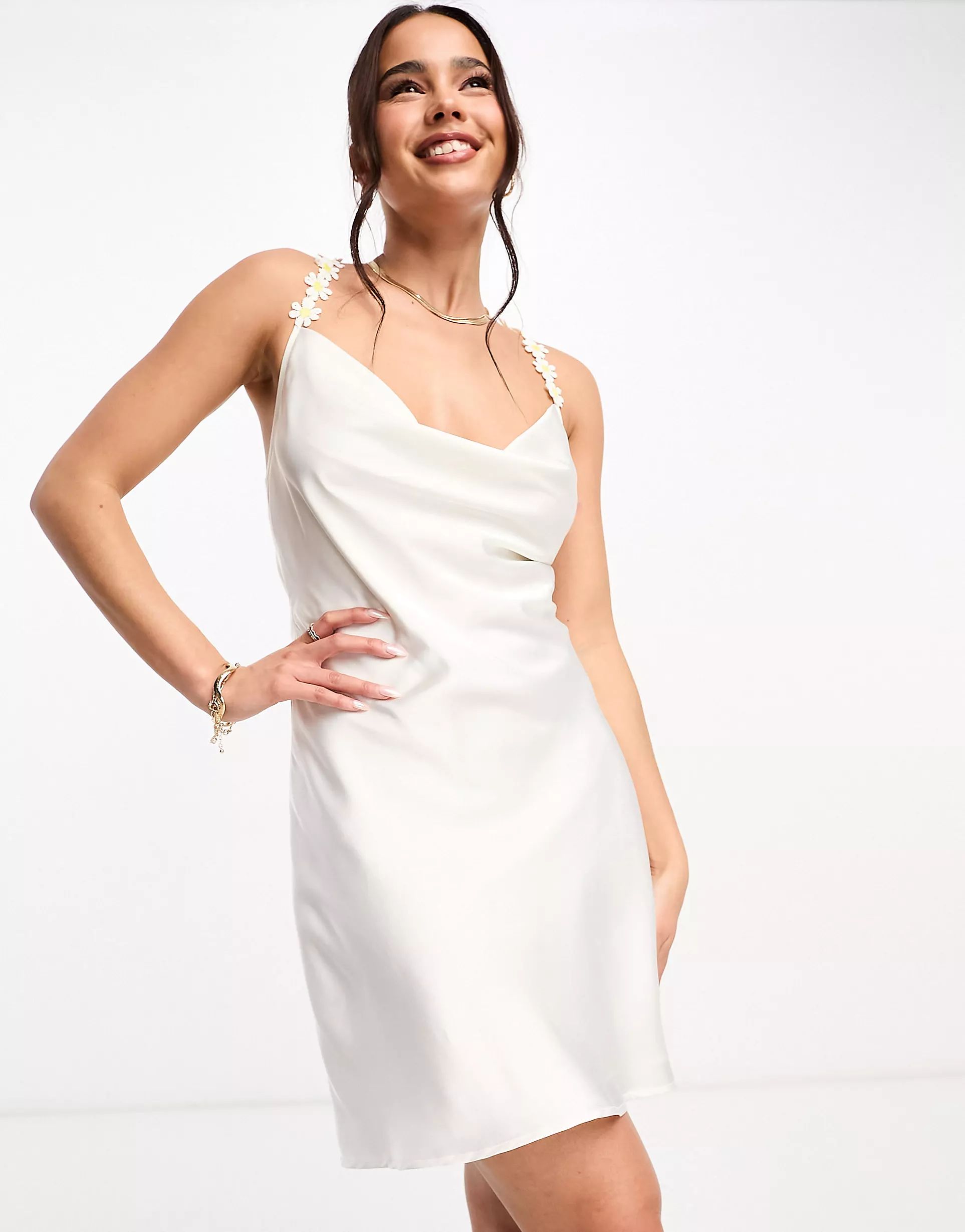 ASOS DESIGN satin cowl neck mini slip dress with daisy trim straps in ivory | ASOS (Global)