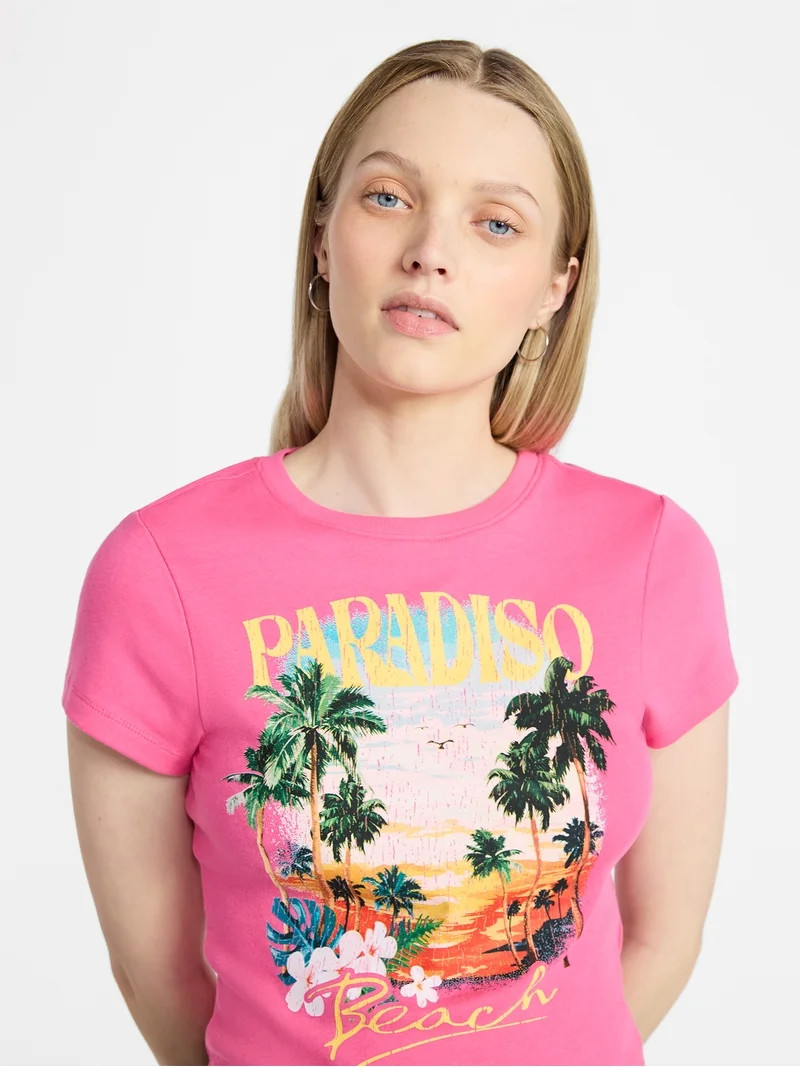 No Boundaries Ribbed Cotton Graphic Baby Tee with Short Sleeves, Women's XXS-XXL | Walmart (US)