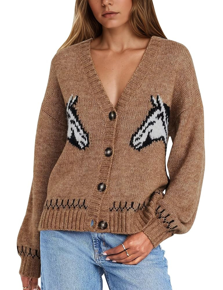 MISSACTIVER Women's Horse Graphic Cardigans V Neck Button Down Knit Sweaters Vintage Long Sleeve ... | Amazon (US)