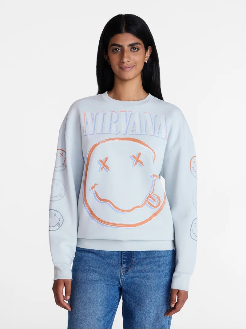 Nirvana Women's Smiley Crewneck Graphic Sweatshirt with Long Sleeves, Sizes XXS-XXL | Walmart (US)