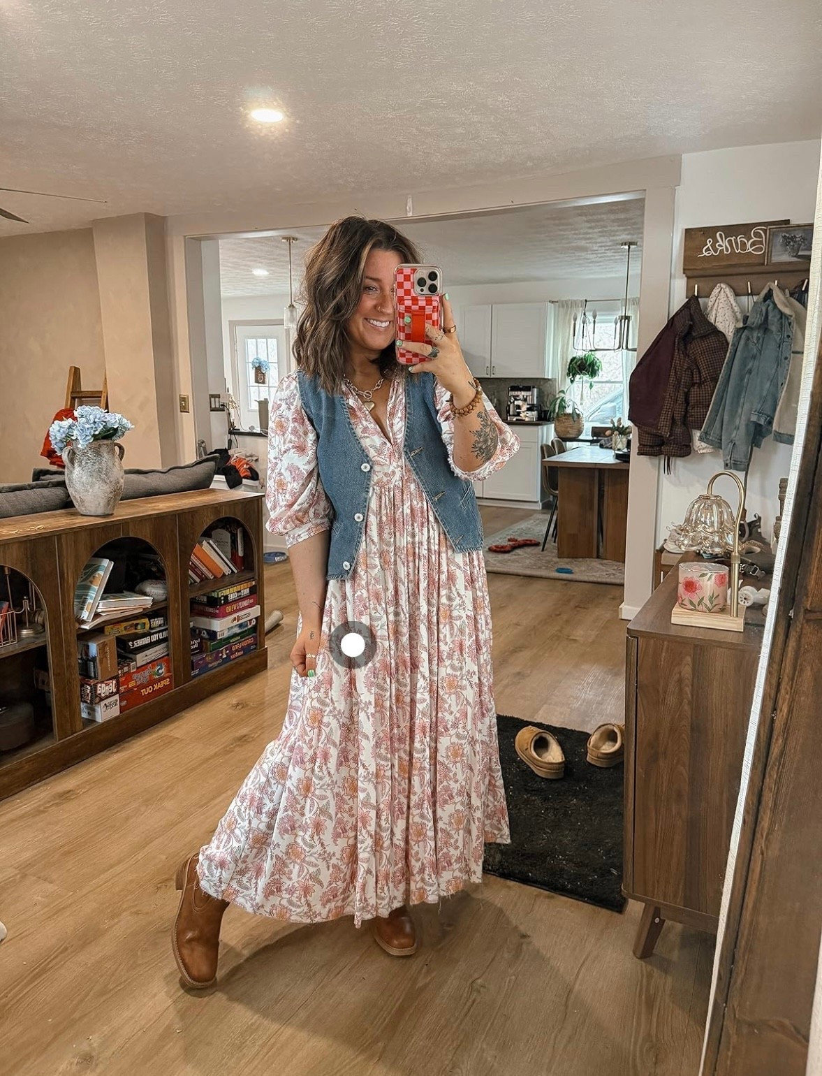 Boho flowy early spring Sunday outfit! Wearing small in dress. Large in denim vest. Boots run TTS!

#LTKootd #LTKMidsize #LTKBeauty