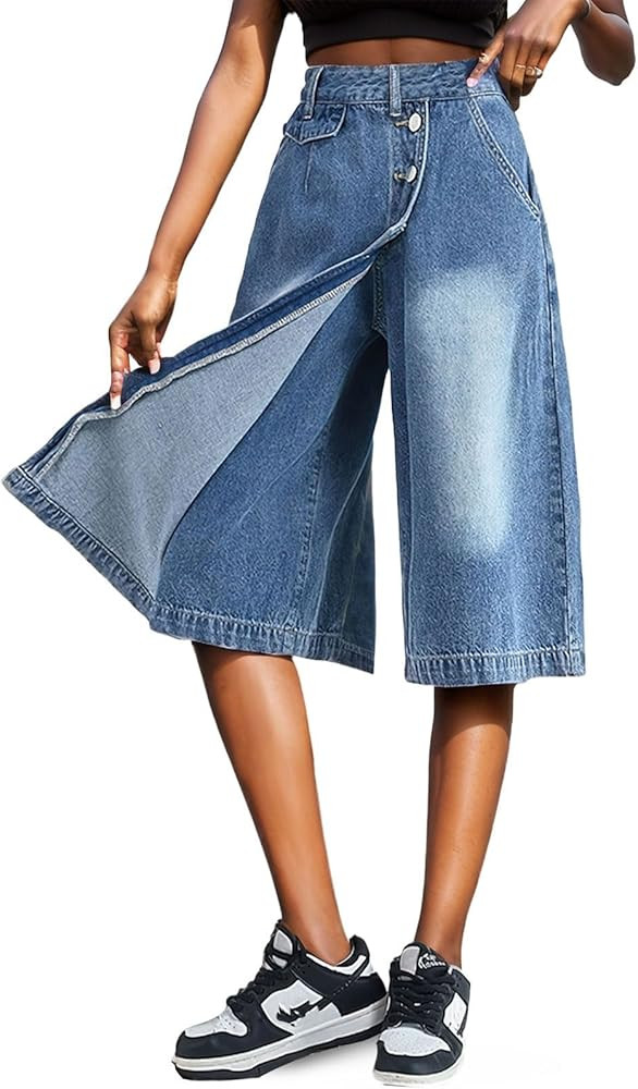 Jorts for Women Baggy Y2k Bermuda Jean Shorts Button Wide Leg Knee Length Denim Shorts with Pocke... | Amazon (US)