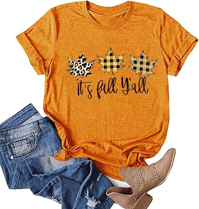It's Fall Y'all Hello Happy Fall Y'all Womens Pumpkin Print T-Shirts Leopard Maple Leaf Tees Tops... | Amazon (US)