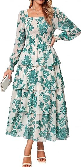 Simplee Womens Square Neck Long Sleeve Maxi Floral Fall Wedding Guest Dress | Amazon (US)