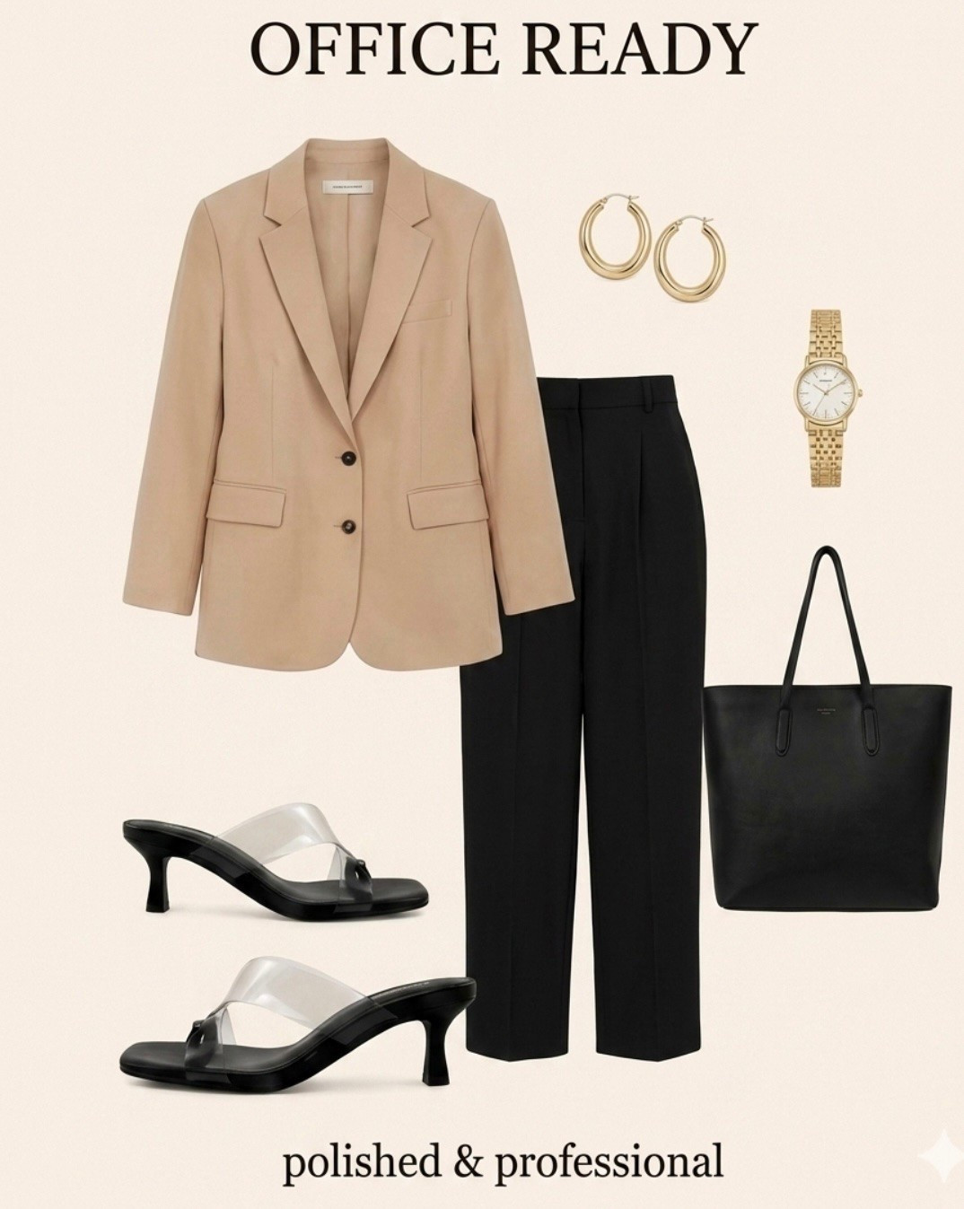 Ready for the office? Check out this polished and professional outfit. The blazer, high-waisted pants, and kitten heels are perfect for any work setting. Don’t forget the chic tote and watch to complete the look! #OfficeReady #ProfessionalLook #StyleTips