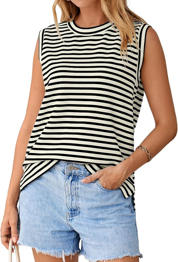 Glamaker Summer Tank Tops for Women Striped High Neck Sleeveless Basic Tee Shirts Casual Loose Fi... | Amazon (US)