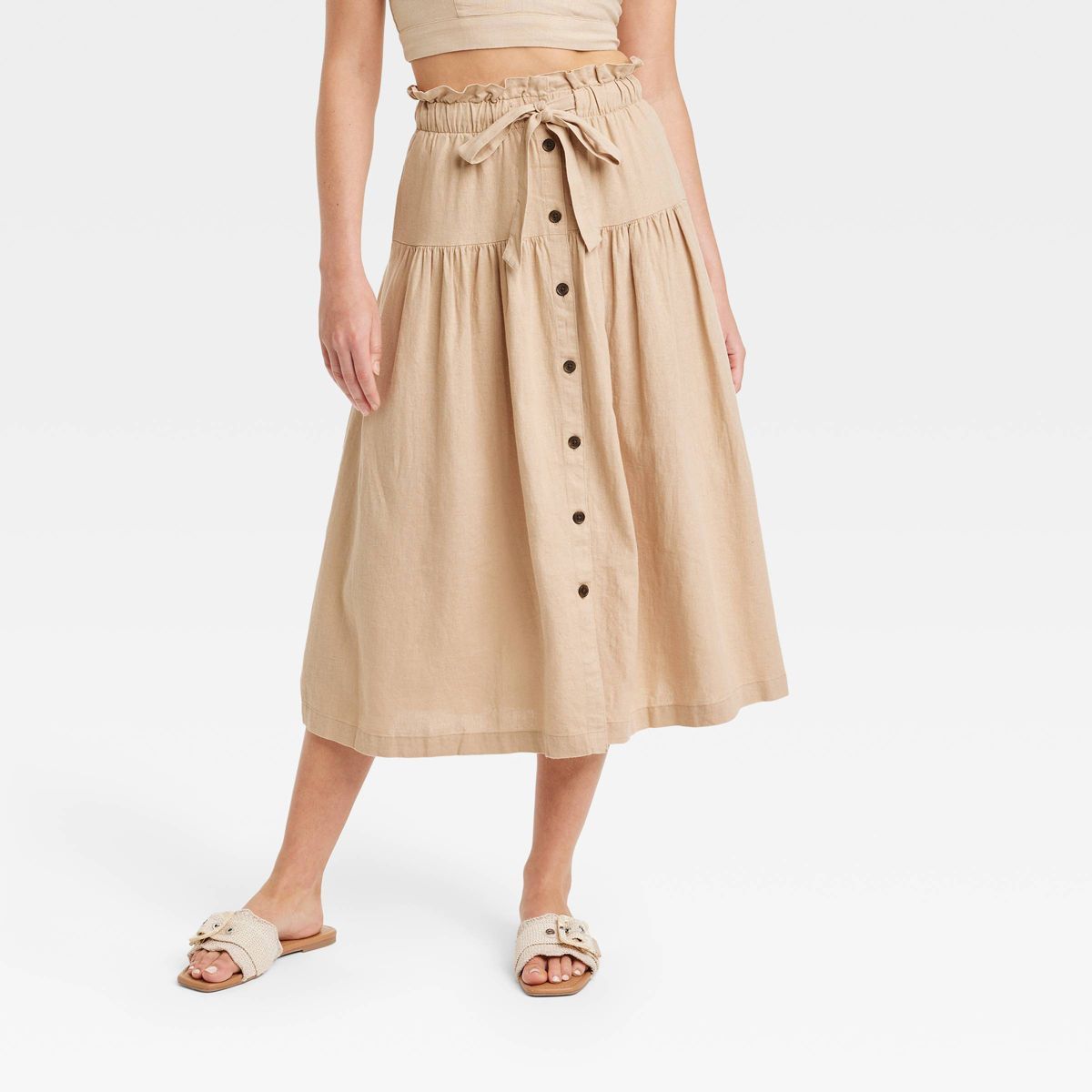 Women's Tie Waist Button-Front Midi Skirt - Universal Thread™ Tan L | Target