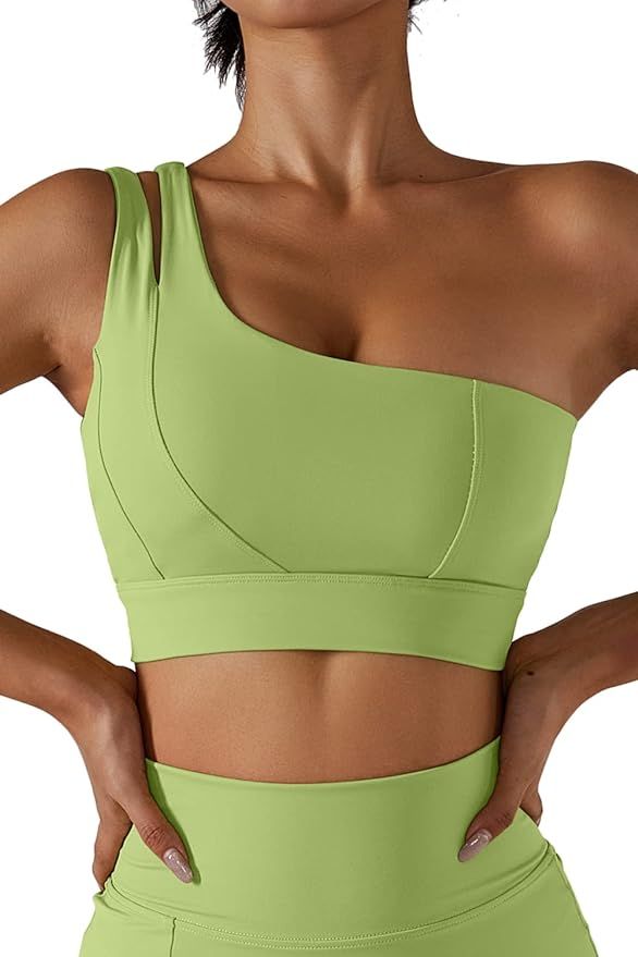 QINSEN Womens One Shoulder Yoga Bra Cutout Straps Athletic Sports Running Workout Top | Amazon (US)