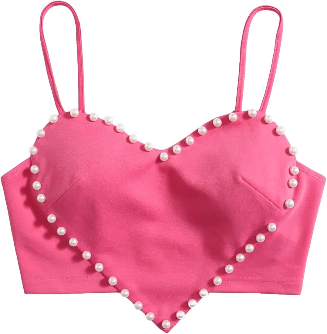 WDIRARA Women's Pearls Sleeveless Asymmetrical Hem Crop Cami Top Sexy Camisole | Amazon (US)