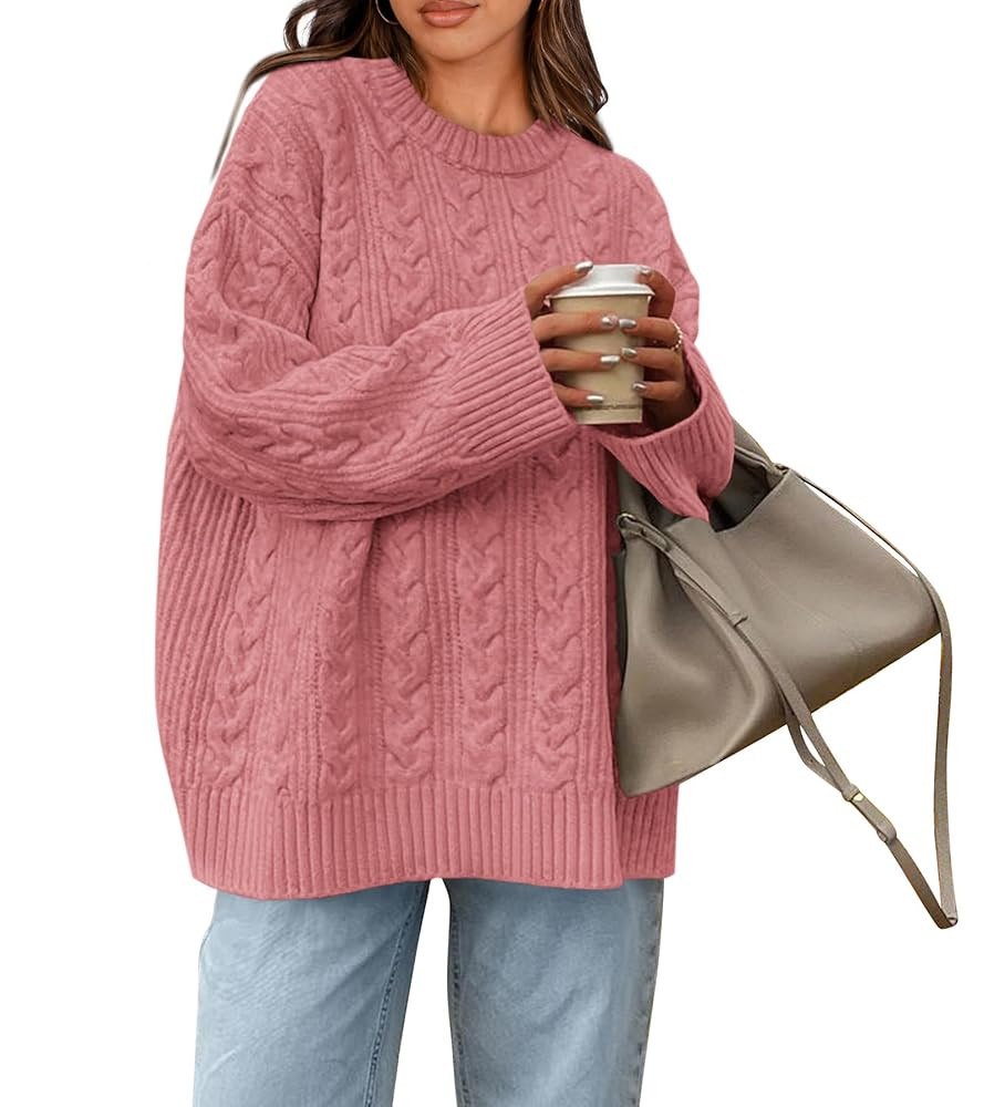 Okiwam Women's Oversized Sweaters Crewneck Cable Knit Pullover Casual Loose Fall Outfits Fashion ... | Amazon (US)