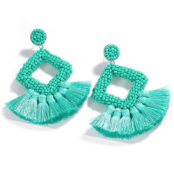 Dvacaman Hoop Tassel Earrings for Women - Statement Handmade Beaded Fringe Dangle Earrings, Idea ... | Amazon (US)